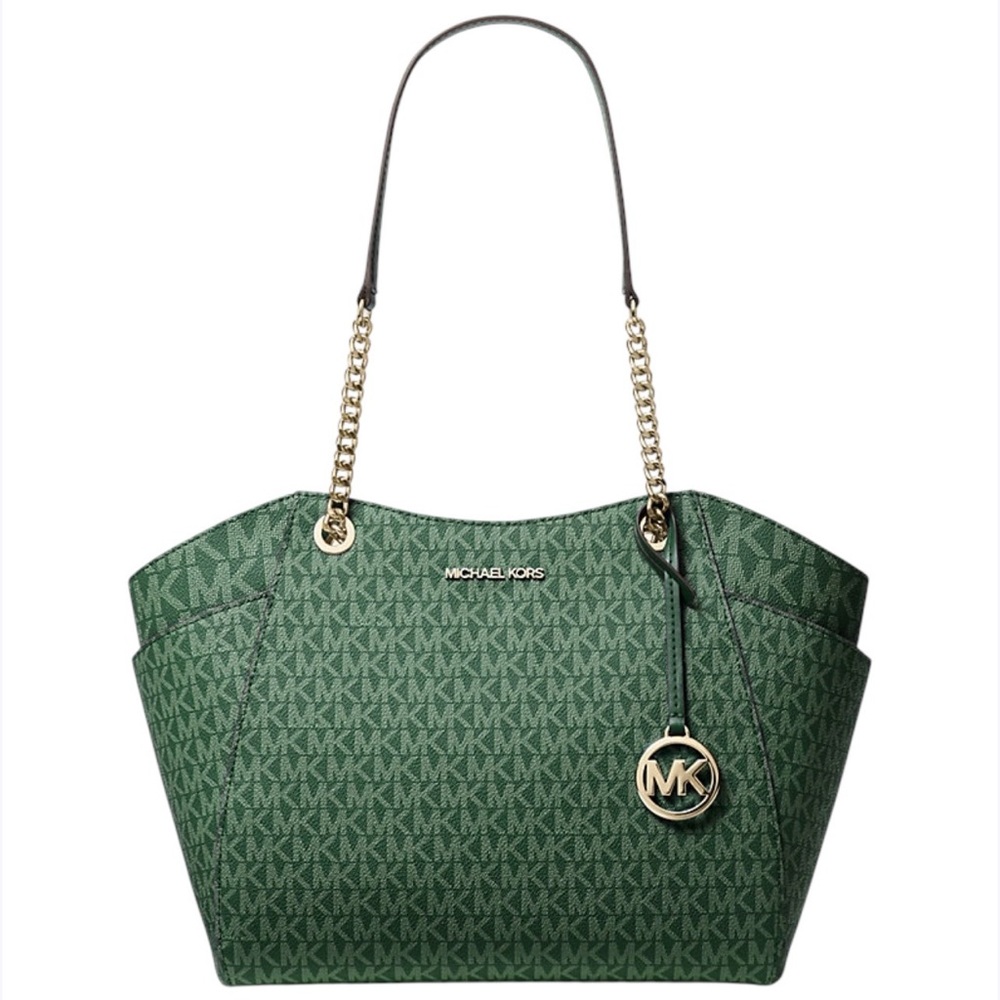 MICHAEL KORS Jet Set Large Signature Logo Shoulder Bag Green Chain-Handle Tote